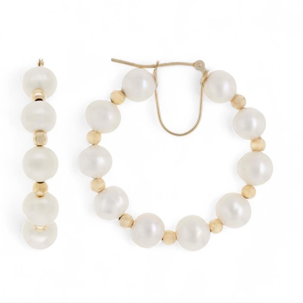 NEW 14K YG Cultured Pearls Saddleback Hoops Earrings Yellow Gold 14kt 14k 14KT